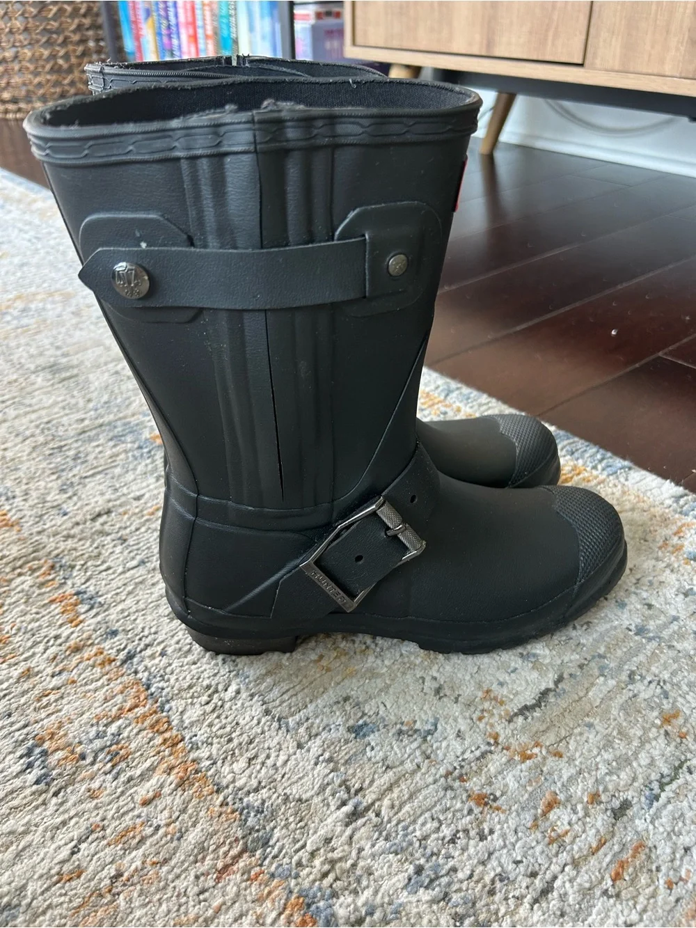 Hunter Black Mid-Calf Rubber Rain Boots with Buckle